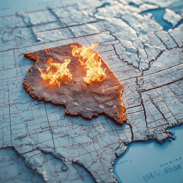 Home 5 Illinois Decline, a map shows the state burning,