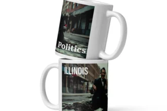 Illinois Politics Funny Illinois Mug posed 2 white cups with the same image white mugs