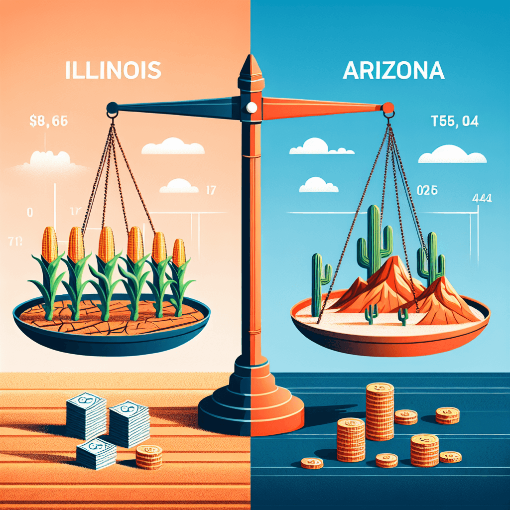Illinois Taxes vs Arizona Taxes Balanced scale comparing agricultural productivity and economic factors of Illinois vs Arizona taxes in 2024.