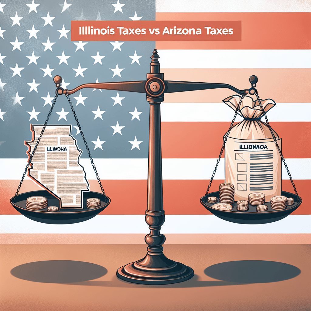 Balance scale comparing Illinois vs Arizona taxes with American flag background, highlighting key tax differences 2024.
