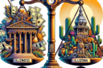 Balanced scale comparing Illinois and Arizona taxes with state landmarks and financial symbols for 2024.