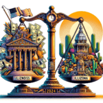 Illinois Taxes vs Arizona Taxes: Key Differences Explained 2024 3 Balanced scale comparing Illinois and Arizona taxes with state landmarks and financial symbols for 2024.