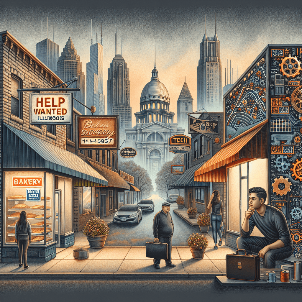 Jobs and Small Business Outlook in Illinois Surreal Illinois cityscape blending vintage buildings with futuristic technology and industrial structures, symbolizing econo