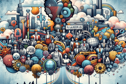 Colorful illustration of Illinois with landmarks, industry, and cultural elements representing small business and job outlook