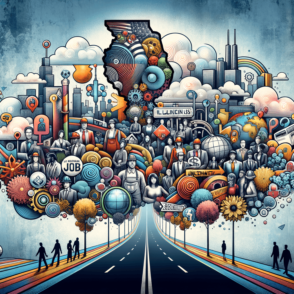 Jobs and Small Business Outlook in Illinois Amid 2026 Economic Uncertainty 1 Colorful illustration of Illinois with landmarks, industry, and cultural elements representing small business and job outlook