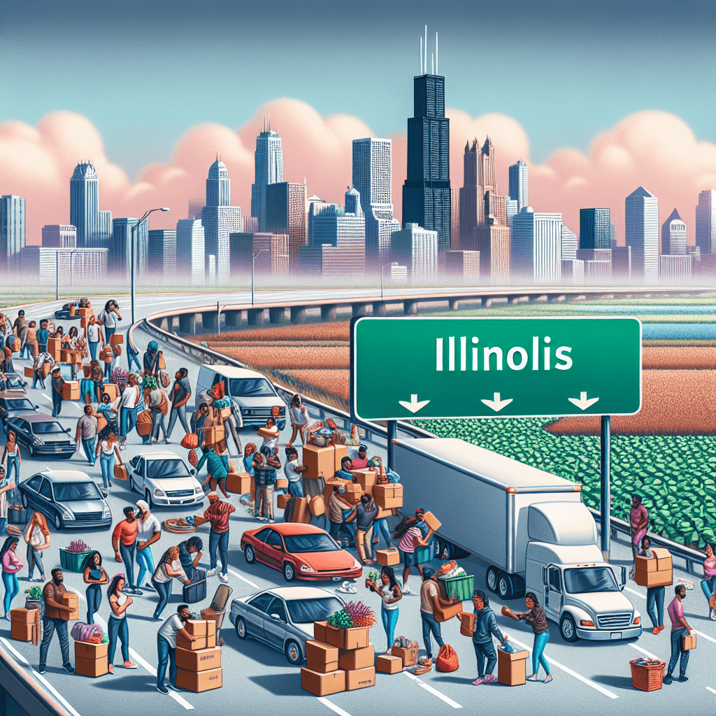 Top 5 Reasons Residents Are Leaving Illinois llustration showing heavy traffic and crowds near a highway sign for Illinois in an urban cityscape.