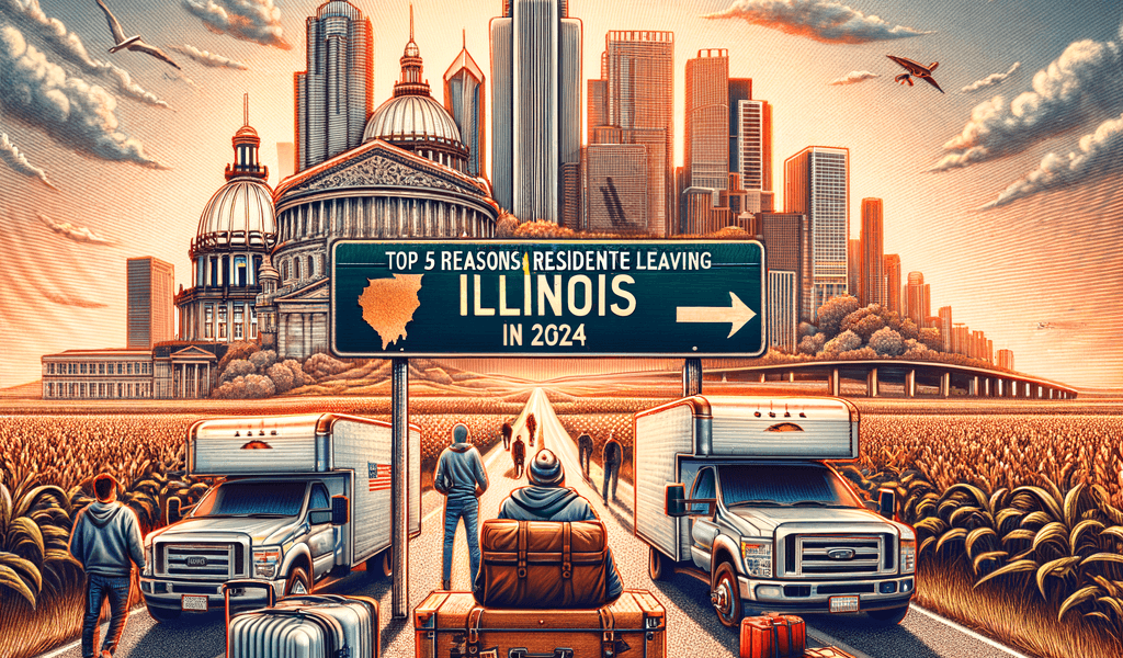 Illustration of people leaving Illinois in 2024 with moving trucks, luggage, airplanes, and a city skyline.