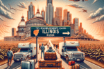 Illustration of people leaving Illinois in 2024 with moving trucks, luggage, airplanes, and a city skyline.