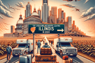Illustration of people leaving Illinois in 2024 with moving trucks, luggage, airplanes, and a city skyline.