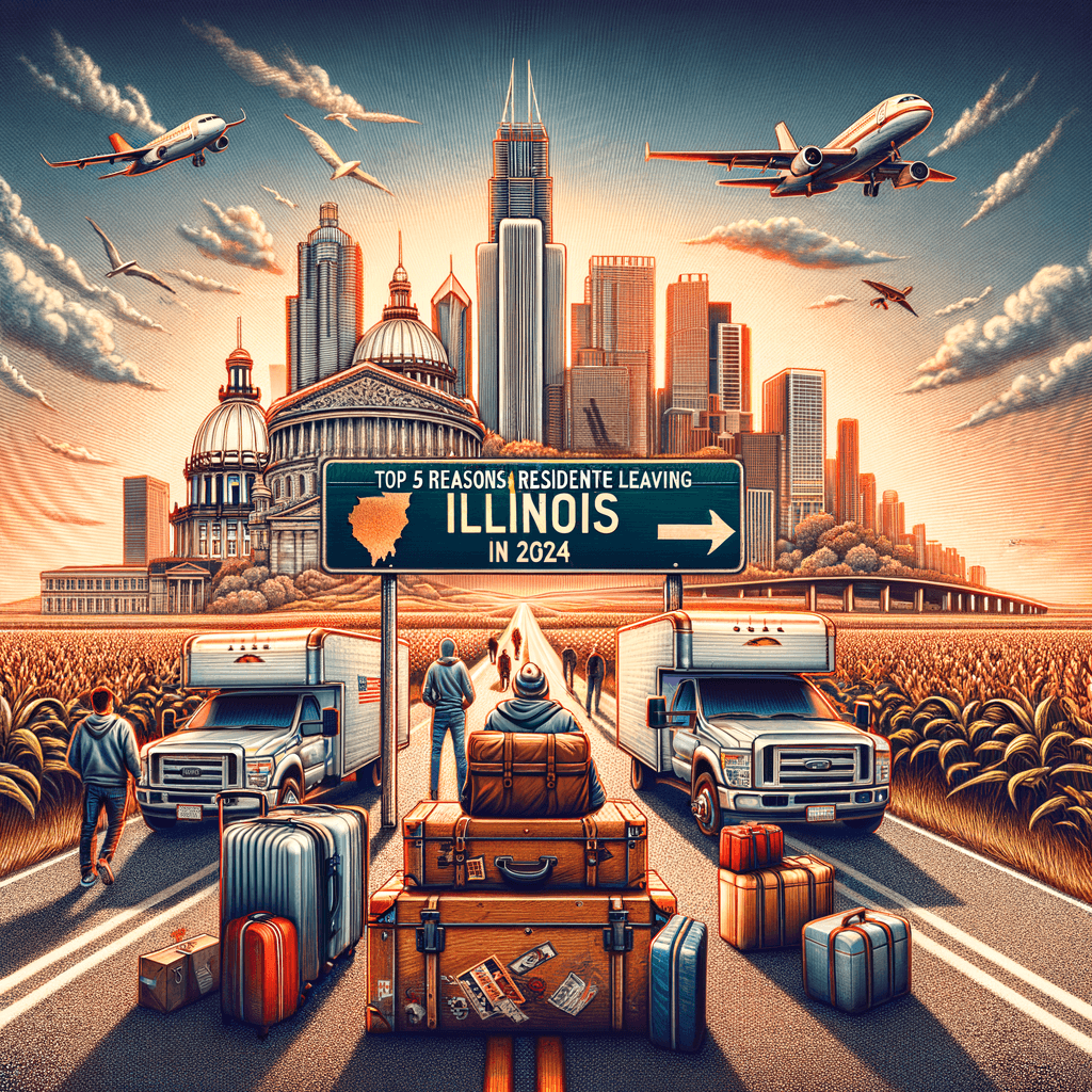 Illustration of people leaving Illinois in 2024 with moving trucks, luggage, airplanes, and a city skyline.